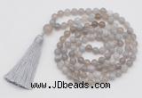 GMN802 Hand-knotted 8mm, 10mm grey banded agate 108 beads mala necklace with tassel