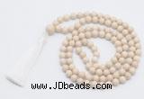 GMN815 Hand-knotted 8mm, 10mm white fossil jasper 108 beads mala necklace with tassel