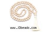 GMN8414 8mm, 10mm white fossil jasper 27, 54, 108 beads mala necklace with tassel