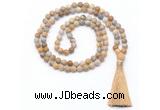 GMN8447 8mm, 10mm matte fossil coral 27, 54, 108 beads mala necklace with tassel