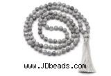 GMN8523 8mm, 10mm grey picture jasper 27, 54, 108 beads mala necklace with tassel