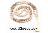 GMN8555 8mm, 10mm white fossil jasper, picture jasper & hematite 108 beads mala necklace with tassel