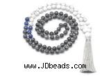 GMN8562 8mm, 10mm black labradorite, lapis lazuli & matte white howlite 108 beads mala necklace with tassel