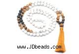 GMN8563 8mm, 10mm matte white howlite & mixed gemstone 108 beads mala necklace with tassel