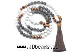 GMN8564 8mm, 10mm matte white howlite, black labradorite & yellow tiger eye 108 beads mala necklace with tassel