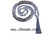 GMN8573 8mm, 10mm blue spot stone & black lava 108 beads mala necklace with tassel