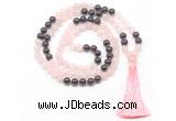 GMN8582 8mm, 10mm rose quartz & garnet 108 beads mala necklace with tassel