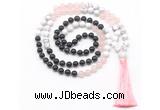 GMN8583 8mm, 10mm black agate, rose quartz & white howlite 108 beads mala necklace with tassel