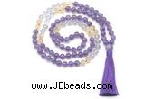 GMN8586 8mm, 10mm amethyst, citrine & white crystal 108 beads mala necklace with tassel