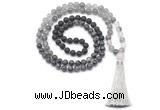 GMN8588 8mm, 10mm black lava, black labradorite & cloudy quartz 108 beads mala necklace with tassel