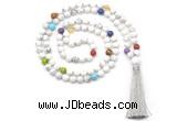 GMN8600 Hand-knotted 7 Chakra 8mm, 10mm white howlite 108 beads mala necklace with tassel