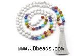 GMN8605 Hand-knotted 7 Chakra 8mm, 10mm white howlite 108 beads mala necklace with tassel