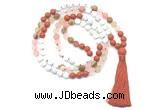 GMN8628 8mm, 10mm matte white howlite, red jasper & cherry quartz 108 beads mala necklace with tassel