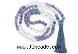 GMN8629 8mm, 10mm matte amethyst, white crystal & lapis lazuli 108 beads mala necklace with tassel