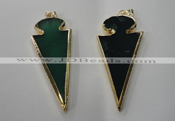 NGP1291 30*65mm green agate pendants with brass setting