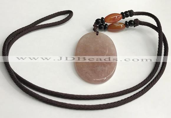 NGP5608 Strawberry quartz oval pendant with nylon cord necklace