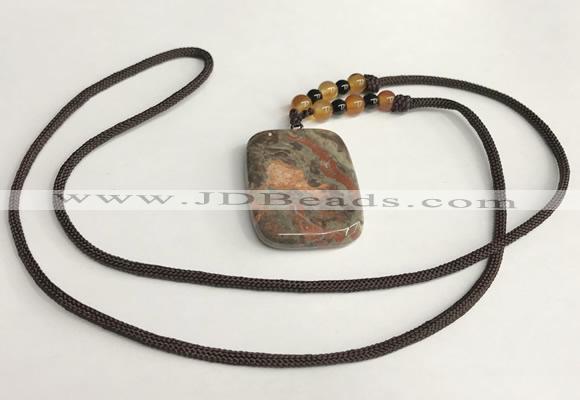 NGP5691 Rainforest agate rectangle pendant with nylon cord necklace