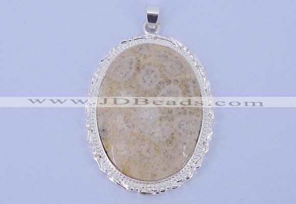 NGP647 5pcs 37*50mm oval chrysanthemum stone with brass pendants