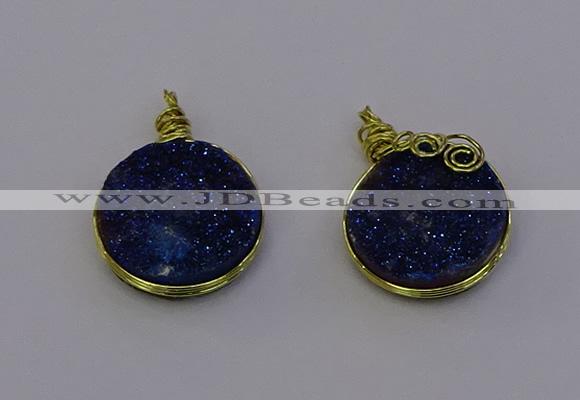 NGP6939 15mm - 16mm flat round plated druzy quartz pendants