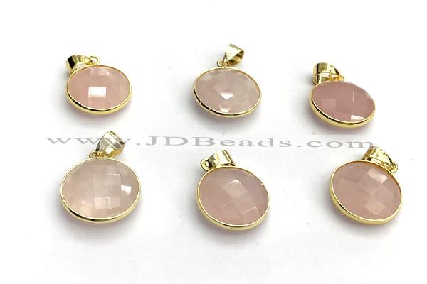 NGP9896 16mm faceted coin rose quartz pendant