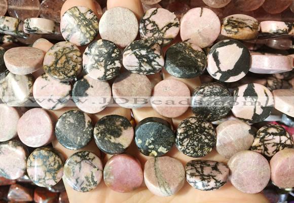 TWBS67 15 inches 16mm twist coin black veined rhodonite beads wholesale